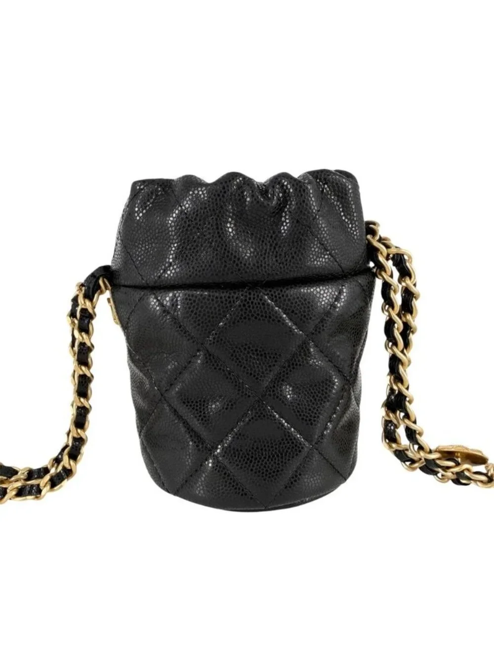 Chanel Shoulder Bag Quilted CC Logo Drawstring Crossbody Caviar Leather Black
